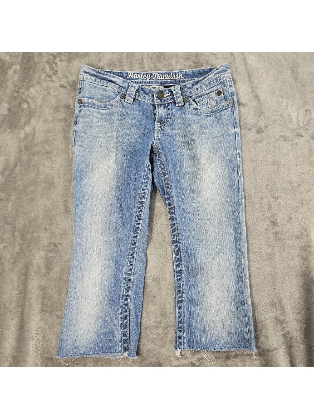 Harley Davidson Womens 6 Tall Low Rise Crop Blue Jeans Biker Babe Motorcycle Y2K